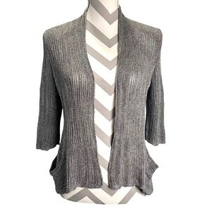 Eileen Fisher Petite Linen Silk Blend Knit Open Front Cardigan Silver GrayL